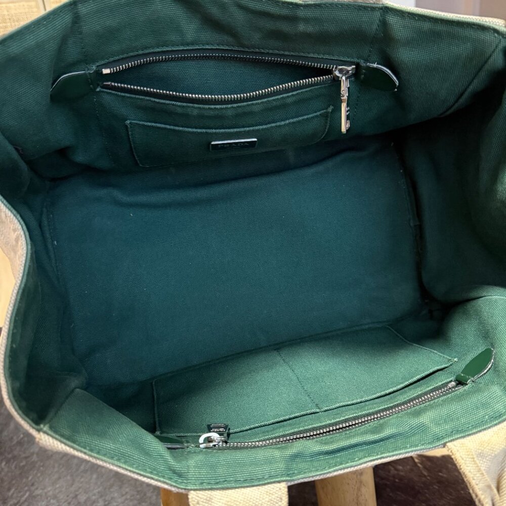 Prada Beige and Green Canapa Canvas and Satin Flower Tote Bag - Picture 9 of 12